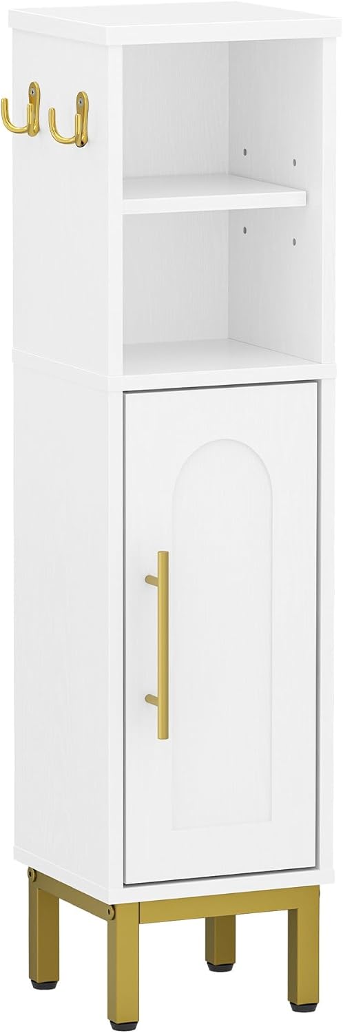 Bathroom Storage Cabinet, Corner Floor Cabinet with Door & Shelves, 2Hooks, Small Narrow Storage Organizer, Toilet Paper Cabinets for Small Space, White SC16313G