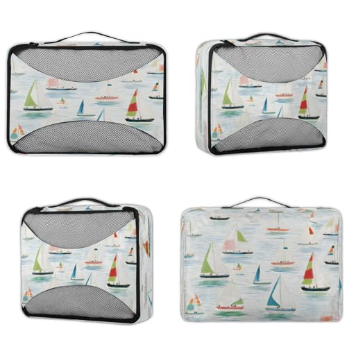 4 Set Packing Cubes for Travel, Nautical Sailboat Packing Cubes for Women, Travel Luggage Packing Organizers, Packing Cube Set, Cartoon Sailboat3
