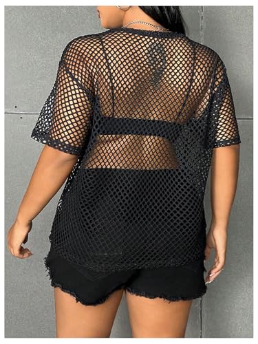 Verdusa Women's Plus Size Y2k Gothic Tops Sheer Mesh T Shirt Fishnet Rave Outfits Top3