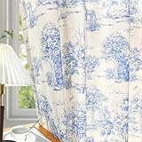 Linen Toile Curtains for Living Room 84 Inch Length 2 Panels Set Long Vintage Blue French Country Light Filtering Farmhouse Window Grommet Curtains for Bedroom Decor