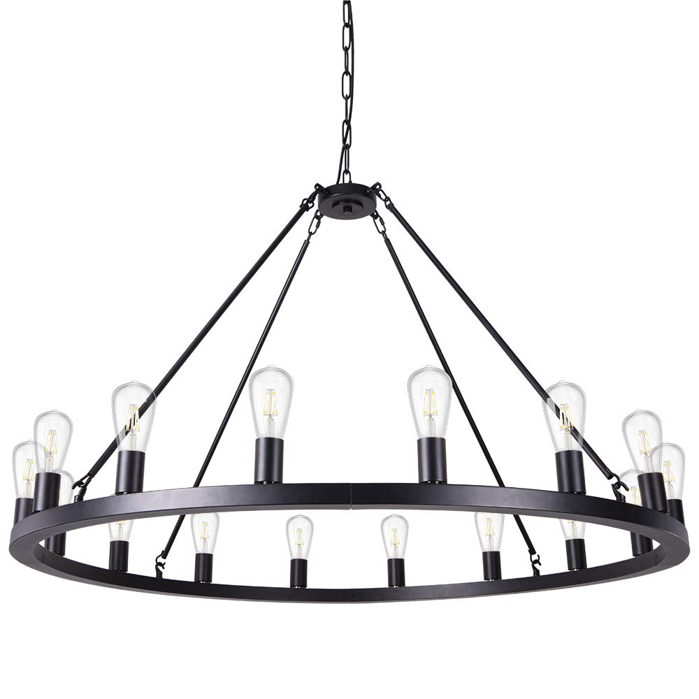 Wellmet Matte Black Wagon Wheel Chandelier 16Light Diam 47 inch