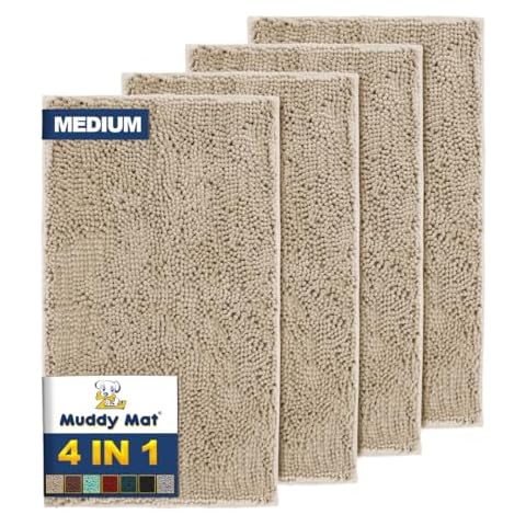 Muddy Mat® 4-Piece Beige Medium 30"X19" AS-SEEN-ON-TV Highly Absorbent Microfiber Door Mat, Bath Mat and Pet Rug, Non slip Thick Washable, Soft Chenille for Kitchen Bathroom Bedroom Indoor and Outdoor Cover