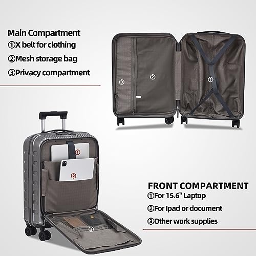 Image of Kaleenie 20 Inch Suitcase Hand Luggage with Front Pocket for 15.6 inch Laptop, 35 * 23 * 55cm, 43L, TSA Lock & YKK Zippers with HINOMOTO 360 Wheels, Gray