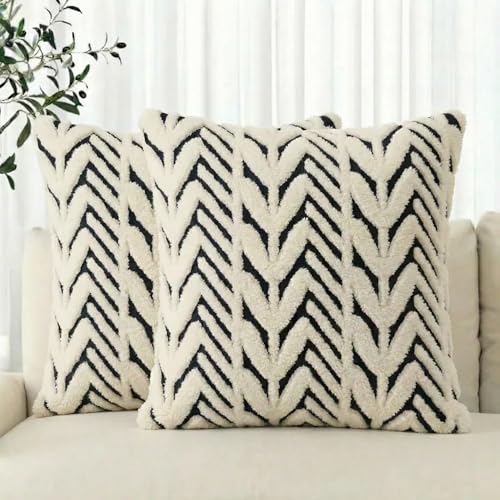 AVOIN colorlife Black White Stripe Beige Throw Pillow Covers 18 x 18 Inch Holiday Soft Plush Faux Fur Jacquard Cushion Case Decoration for Home Sofa Couch Set of 2