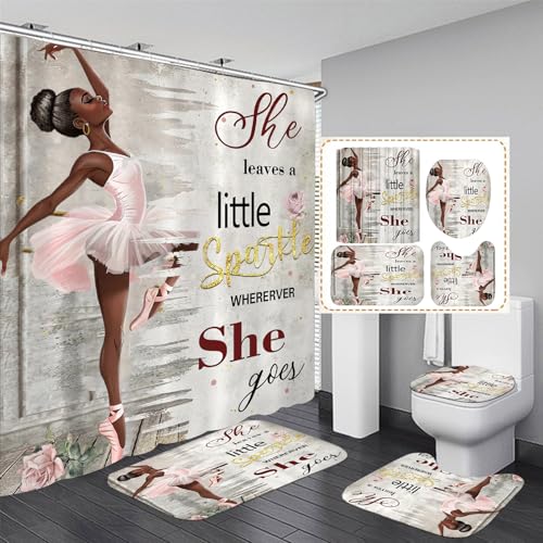 FZDHHY 4-teiliges Duschvorhang-Set mit Ballerina-Mädchen-Duschvorhang, Badezimmer-Set mit Teppichen, Frauen-Duschvorhänge für Badezimmer mit Teppich, Badematte, Toilettenvorleger