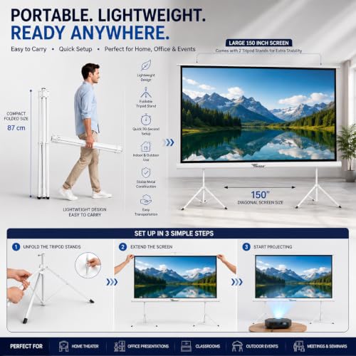 Image of TONZO 150 Inch Tripod Projector Screen with Stand 8ft(H)*10ft(W), 4:3 Projection Screen with Adjustable Stand, Indoor & Outdoor Wrinkle Free White Matte Fabric Projection Screen for Home & Office