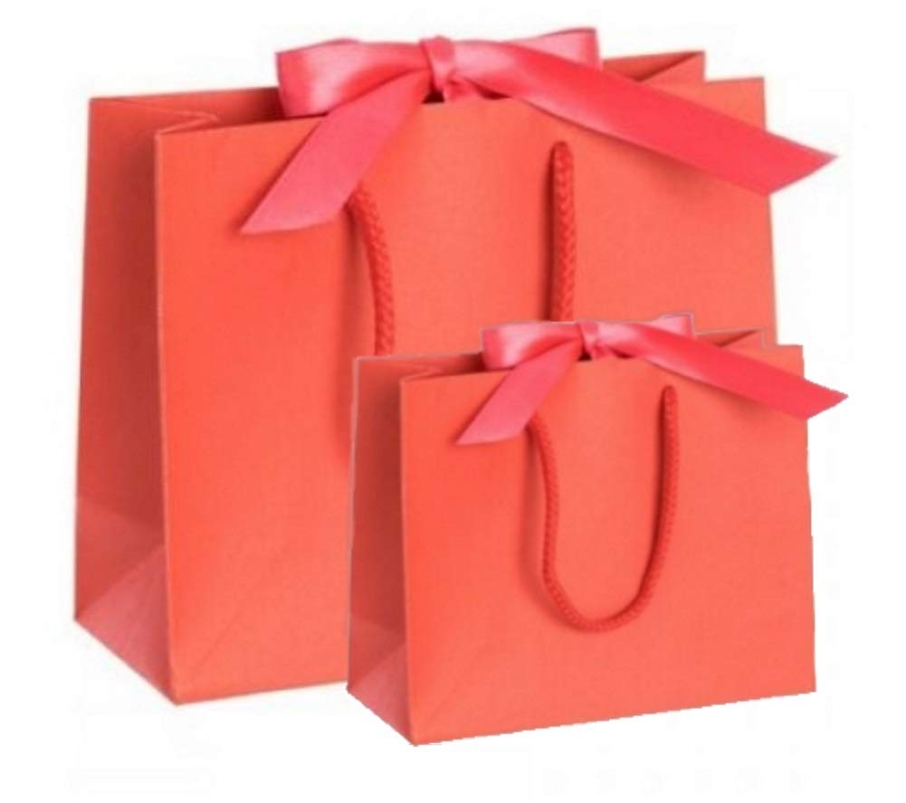 Luxury Boutique Coral Red Gift Bag with Ribbon Tie & Rope Handles - Premium Recycled Paper - Perfect for Wedding Presents, Party Bags, Baby Shower (15, Medium 32cm x 12cm x 25cm)