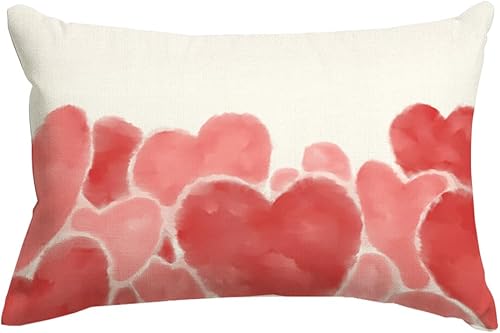 RABUSOFA Fundas de almohada de San Valentín de 12 x 20 pulgadas, almohadas de corazón rojo y rosa acuarela, almohada decorativa blanca, aniversario,