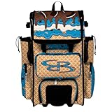 Boombah Rolling Superpack Baseball/Softball Gear Bag - Telescopic Handle - Holds 4 Bats - Wheeled Version - Ice Cream Monster Cookie Gold/Columbia Blue/Brown