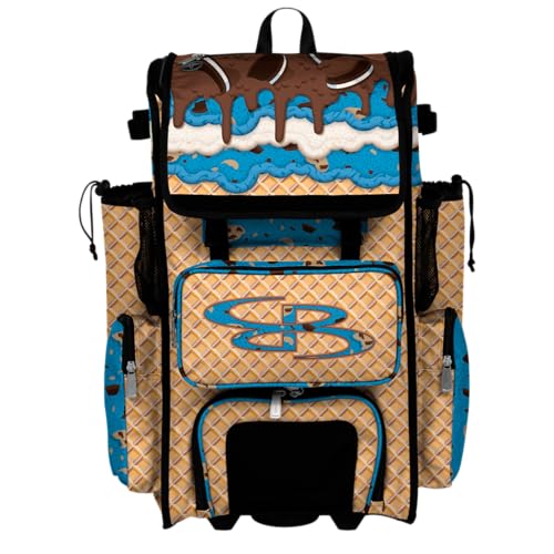 Boombah Rolling Superpack Baseball/Softball Gear Bag - Telescopic Handle - Holds 4 Bats - Wheeled Version - Ice Cream Monster Cookie Gold/Columbia Blue/Brown