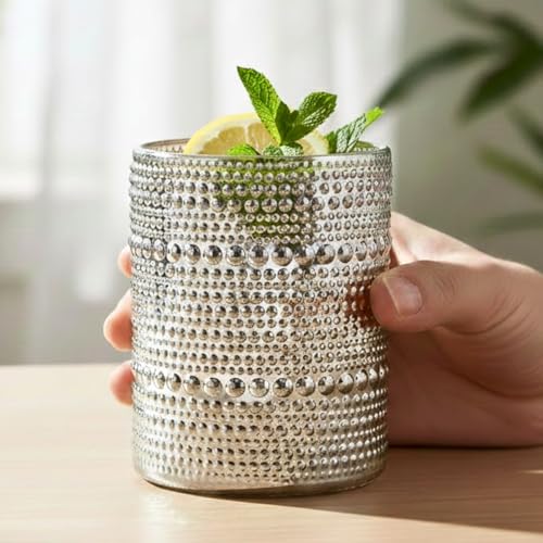 Image of Kookee Jupiter Vintage Hobnail Bubble Glass Whiskey Glasses Set of 6 | Old Fashioned Tumbler for Cocktails, Rum & Beverages | 300ml Textured Drinking Glasses (11164)