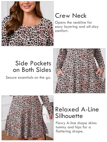 Image of AusLook Women's Plus Midi Dress Long Sleeve Crew Neck A-Line Swing Flowy Vacation Fall Wedding Guest Dresses with Pocket 1-5X