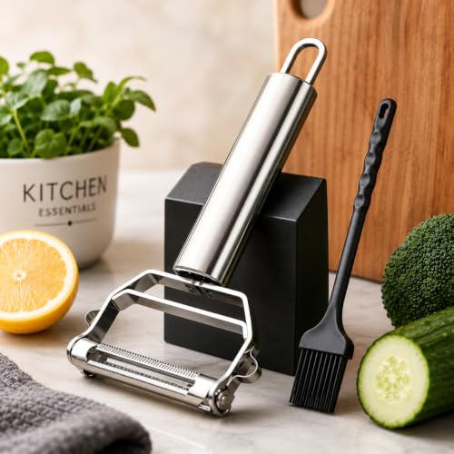 Image of Linden Sweden CLITZ 2 in 1 Stainless Steel Vegetable Peeler & Julienne Slicer with Cleaning Brush