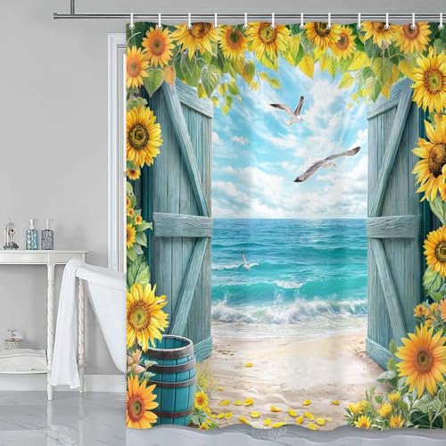 Image of Blue Beach Barn Door Shower Curtain, Ocean Coastal Seaside Shower Curtains, Rustic Sunflower Farmhouse Wood Plank Western Retro Nature Plant Waterproof Fabric Bathroom Curtain Sets with Hooks