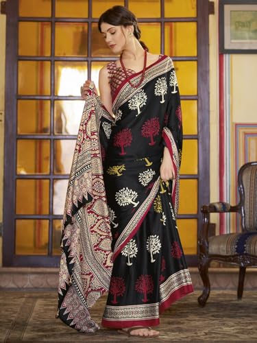 Image of SAREE MALL Women's Ajrkh Print Satin Crepe Polka Dot Printed Saree With Unstitched Blouse Piece