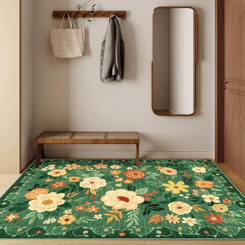 DUKINO 3x5 Area Rug, Floral Rugs for Living Room, Lightweight Non Slip Washable Rug, Indoor Low Pile & Non-Shedding Boho Design Rugs for Bedroom, Living Room, Dining Room, Dark Green by DUKINO - Used condition - Image 7