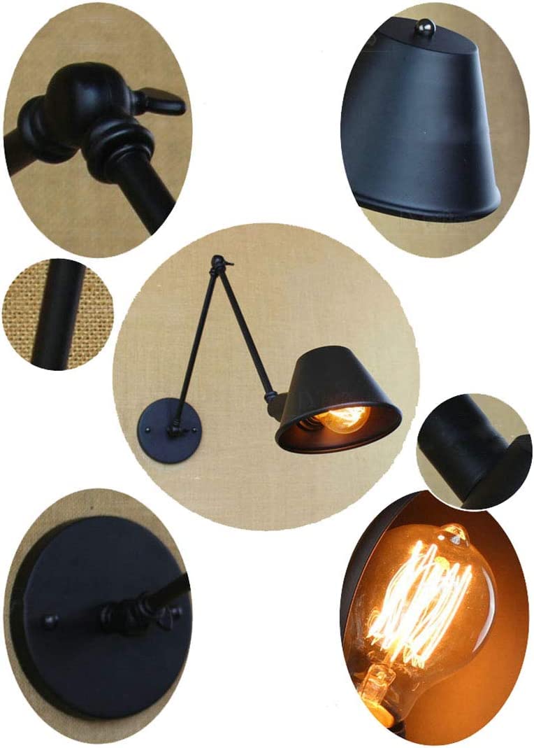Applique da parete vintage industriale con braccio girevole regolabile, lampada da parete in metallo nero opaco con attacco E26 per camera da letto, angolo lettura, soppalco, arredamento in sti