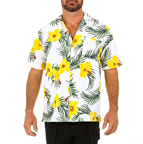 UZZI Men's Tropicana Dry-Fit Floral Hawaiian Shirt Yellow M