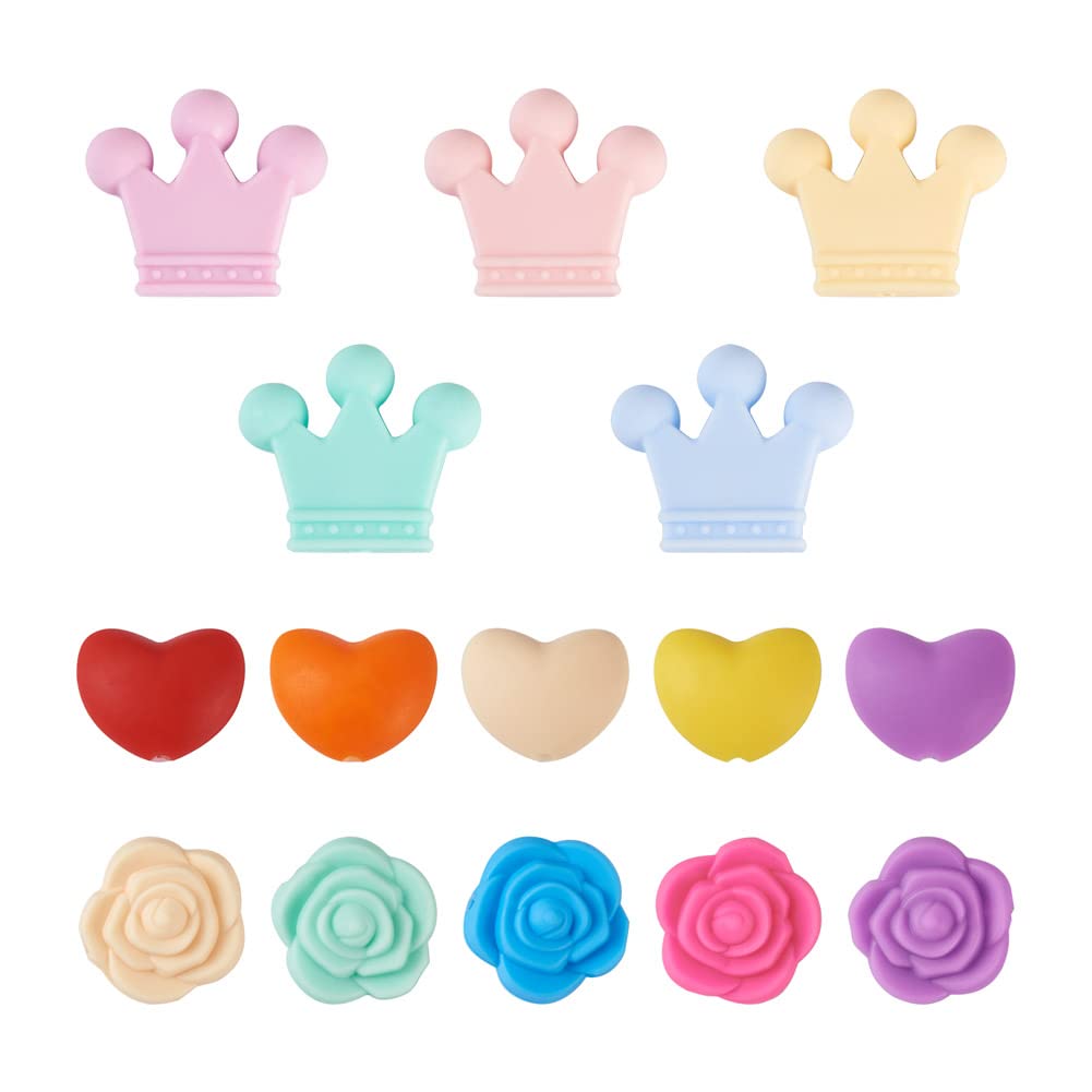 Cheriswelry 50pcs Silicone Beads - Mixed Color Crown Heart Rose Rubber Beads for Mother's Day, Thanksgiving, Newborn Shower