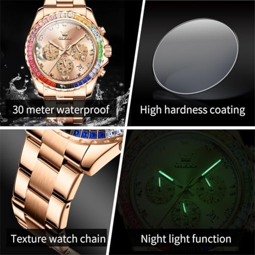 Image of OLEVS Watch for Men Luxury Gold Diamond Chronograph Business Wristwatch with Analog Quartz, Date Calendar, Stainless Steel Band, Luminous Hands, Waterproof