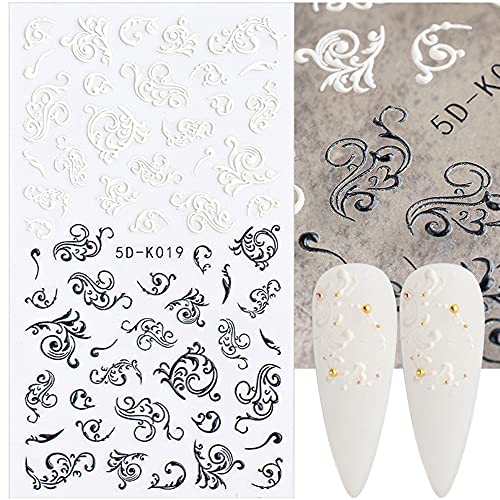 Liuli 5D Flowers For Nails Art Stickers Embossed Lace Butterfly Stereoscopic Engraved Pattern Adhesive Nail Decals For Spring Summer Nail Decorations (Black & White) #TOP2