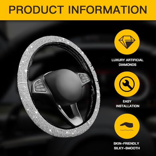 Image of Car Steering Wheel Cover with Sparkly Rhinestones, Bling,Suitable for Most 14.5 inch-15 inch Pickup Trucks, SUV (White)
