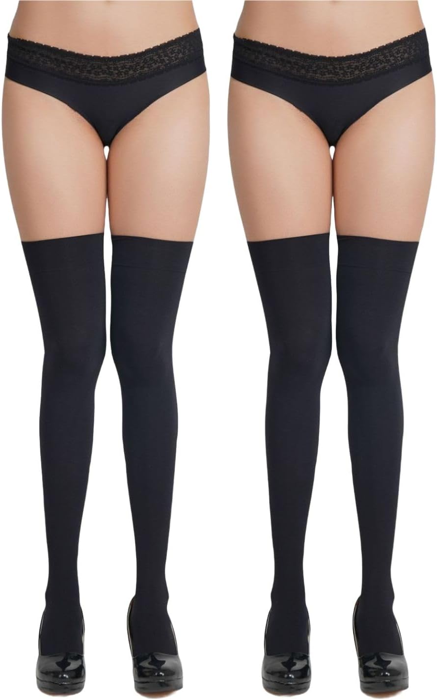 - Women's Thigh High Opaque Stockings Combo (Black/Skin, Free Size)-Pack of 2