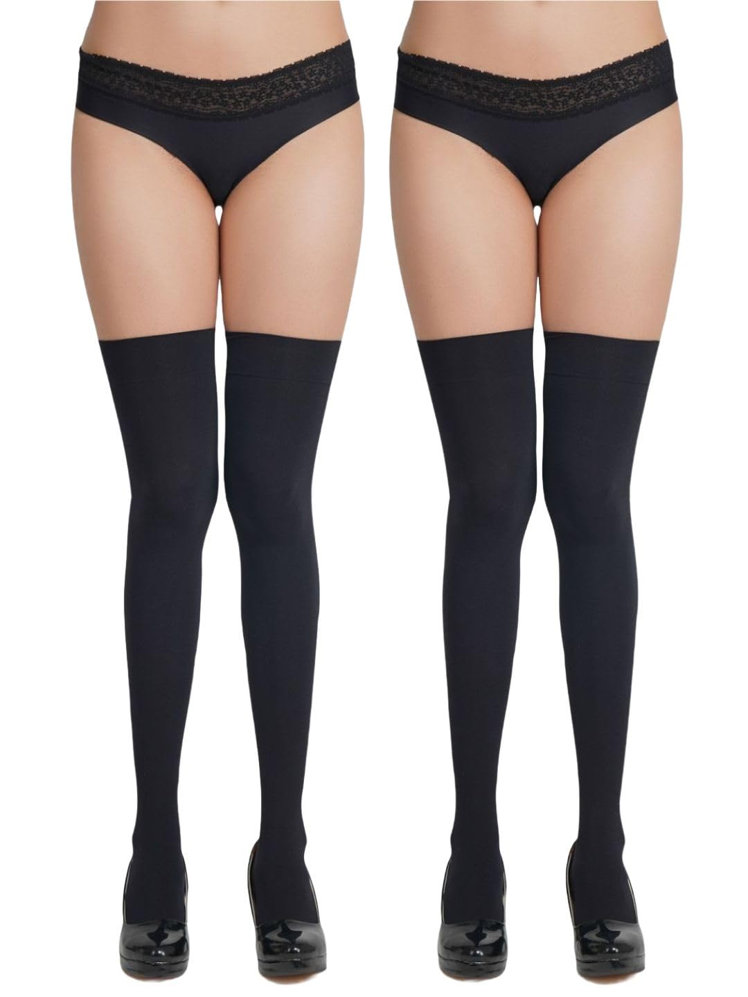 N2S NEXT2SKINWomen's Thigh High Opaque Stockings Combo (Black/Skin, Free Size)-Pack of 2