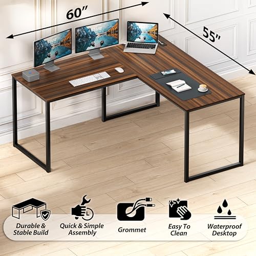 Image of SHW Mission 55 x 60 Inches L-Shape Home Office Computer Desk, Walnut