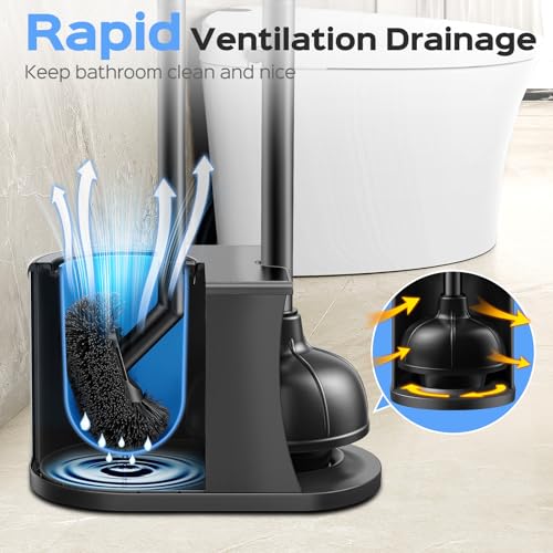 Image of HAMITOR Toilet Plunger and Brush Set, Stainless Steel Rustproof, 2 Pack | 2-In-1 Rustproof Combo With Curved Bristles, Deep Cleaning Unclogging in Apartment Bathrooms, Compact Hideaway Saves Space