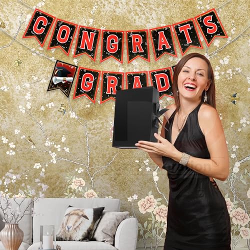 Image of Rozi Decoration Graduation Party Banner Set, Black and Red Decorative Banners Cardstock with Adjustable Ribbon, Congrats Grad Theme