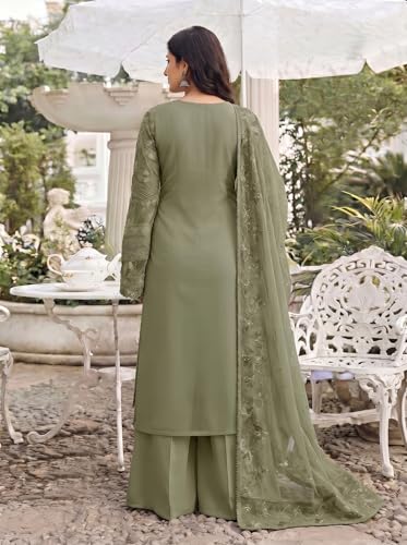 Image of RUDRAPRAYAG Women's Georgette Fabric Wih Embroidered Sequence Work And On Neck Moti Hand Work Semi Stitched Sharara Salwar Suit With Dupatta Set