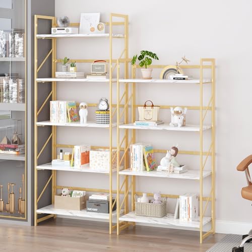 Image of JSB 5 Tier No Assembly Folding Bookshelf, Foldable Storage Bookcase for Home Office, Space-Saving Storage Shelf for Living Room, Bedroom, Office (White&Gold)