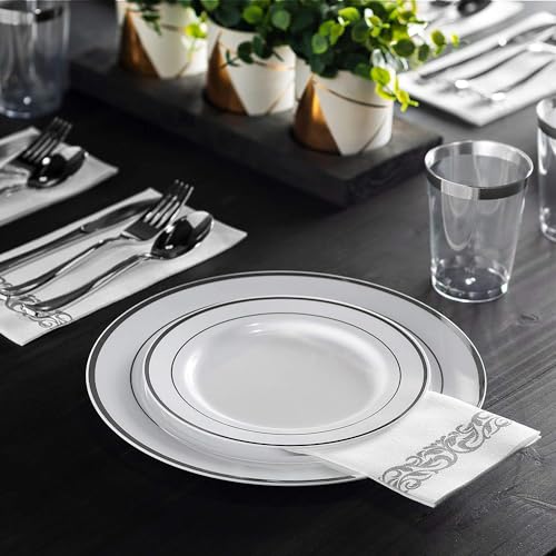 Munfix 100 Silver Plastic Dinner Plates Set, 10.25 Inch Disposable Heavy Duty Fancy Elegant Wedding Party Plates, White with Silver Rim by Munfix - Image 3