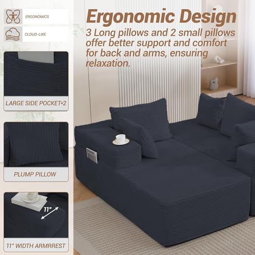 Image of 105'' Modular L-Shaped Boneless Sectional, Corduroy Deep Seat Cloud Sectional Couch, Small Space Sofa for Apartment Living Room Bedroom, No Assembly, Black
