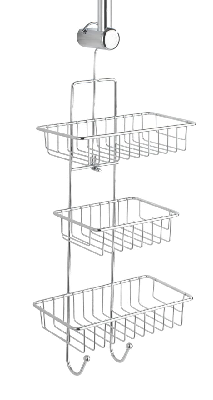 WENKO Duschcaddy Milano – verchromt, 3 Ablagekörbe + 2 Haken, Maße 25 x 62 x 14 cm