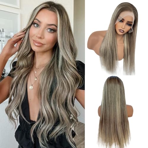 Image of Munx 13x6 Highlighted Lace Front Wigs Human Hair, Ash Blonde Balayage Glueless Wigs Human Hair for Women Ash Brown with Platinum Blonde Highlight Lace Front Wig Pre Plucked 180% Density 26 inch
