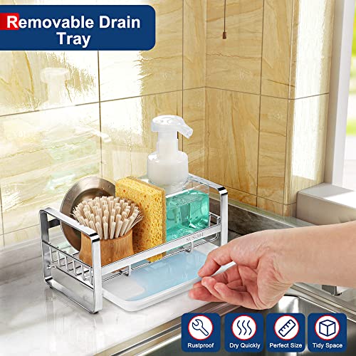 HULISEN-Kitchen-Sink-Sponge-Holder-304-Stainless-Steel-Kitchen-Soap-Dispenser-Caddy-Organizer-Countertop-Soap-Dish-Rack-Drainer-with-Removable-Drain-Tray-not-Including-Dispenser-and-Brush