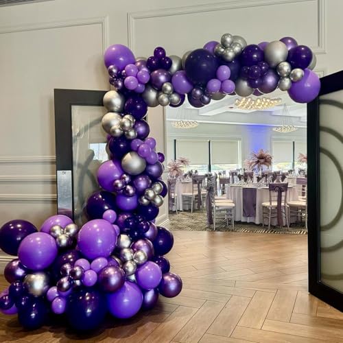 Image of Purple Balloon Garland Arch Kit, 134PCS Purple and Silver Balloons with Different Size for Birthday, Wedding, Baby Shower Decorations