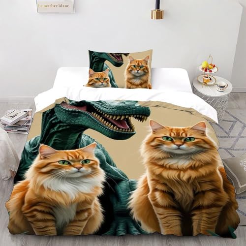 Housse de couette dinosaure chat en microfibres pour lit simple fille