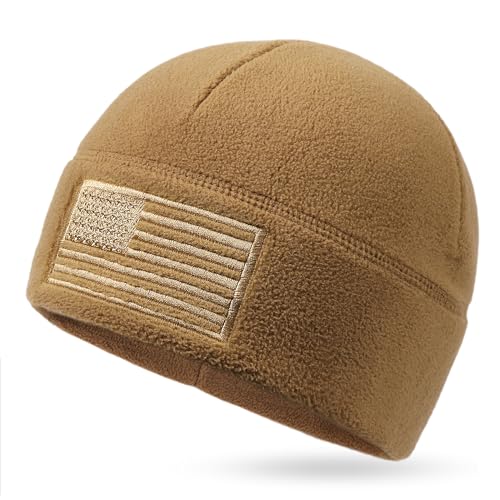 OUTDOOR SHAPING American Flag Fleece Watch Cap, USA Multi-Season Army Military Tactical Beanie, Winter Warm Beanie One Size Coyote Brown
