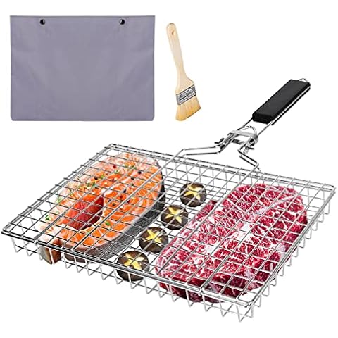 OKYUK Upgrade BBQ Grill Basket, Fish Grill Basket, Stainless Steel Folding Grilling baskets With Handle, Portable Outdoor Camping BBQ Rack for Barbecue Vegetables, Barbeque Griller Tools Cover