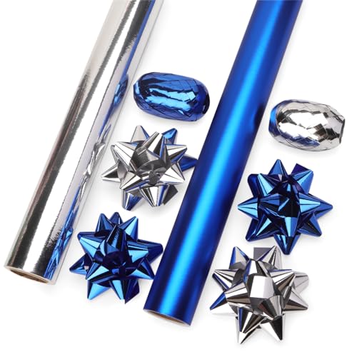Ribbli Birthday Wrapping Paper Set 2 Rolls Blue and Silver Metallic Solid Color Paper with Curling Ribbon and Gift Bow for Christmas Mini Roll 17 Inch x 197 Inch(16 Feet) Per roll
