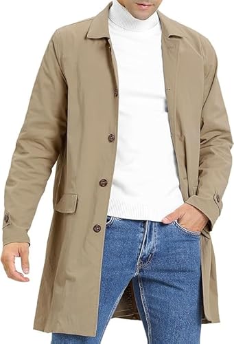 Image of Runcati Mens Trench Coat Slim Fit Single Breasted Casual Long Jacket Lightweight Lapel Fall Windbreaker Overcoat Khaki M
