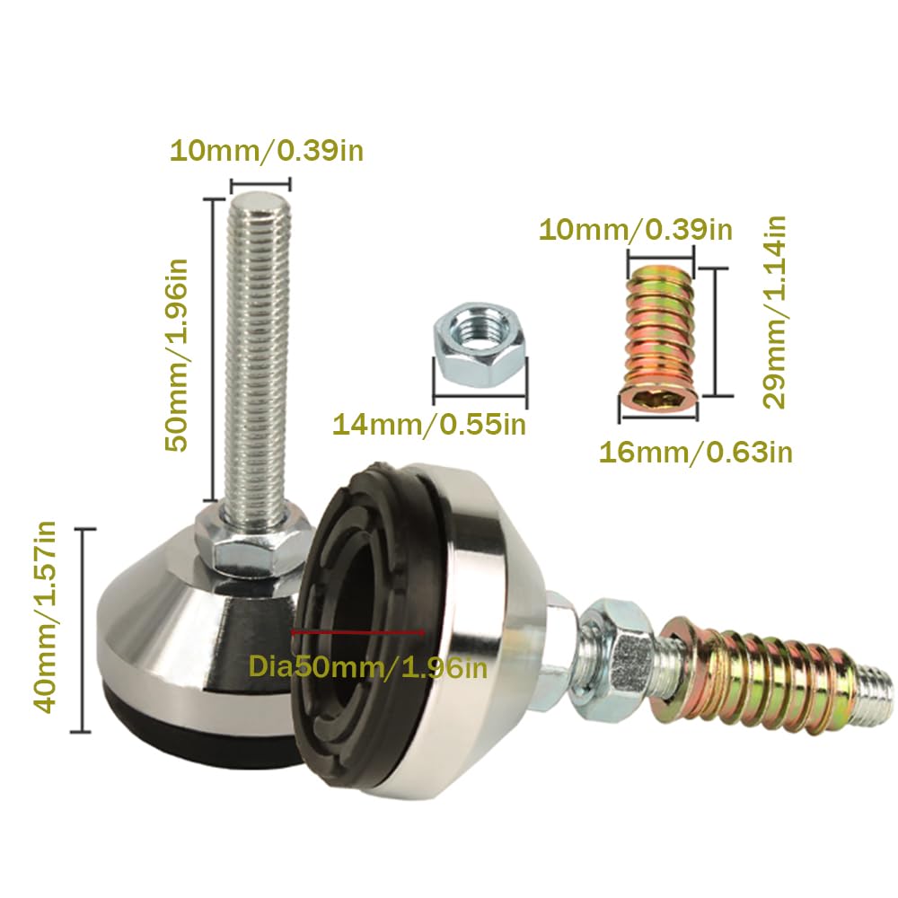 Niveladores de patas para muebles, patas ajustables resistentes, base de 1.97 pulgadas de diámetro, patas de nivelación ajustables, rosca M10, capacidad de 1200 libras, inserciones de