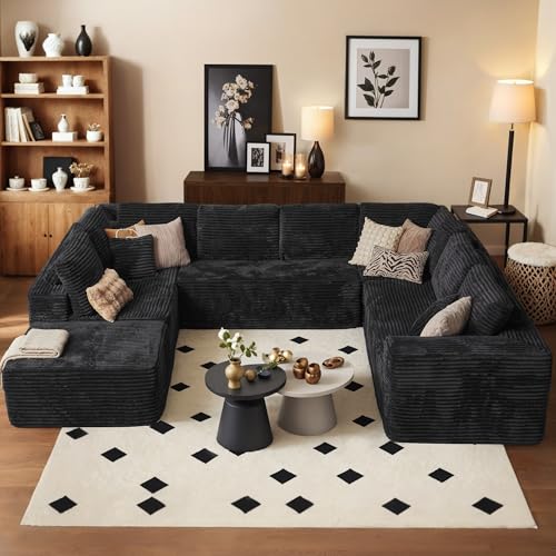 Image of HOOOWOOO Cloud Sectional Couches for Living Room,Modular Sectional Sofa No Assembly,136X108 Inch Plush Corduroy Large U Shaped Floor Couch Set with Deep Seat Ottoman(Black)