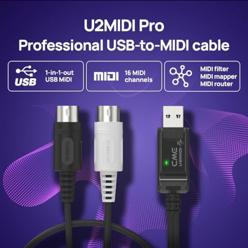 CME U2MIDI Pro - Profesjonalny interfejs MIDI USB - Kabel 2m 1-in-1-out MIDI-to-USB - Adapter Plug & Play USB-to-MIDI dla komputera/laptopa/PC do instrumentu MIDI/urządzenia