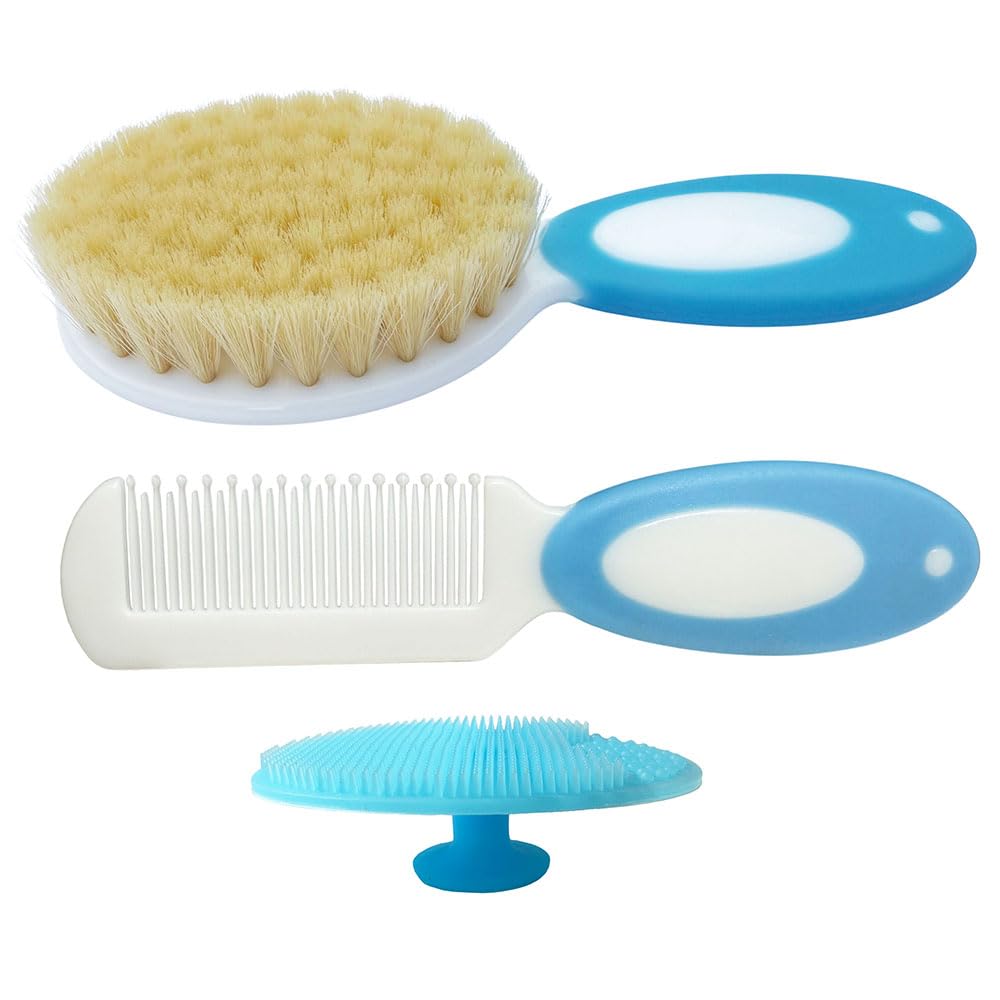 Set di spazzole per capelli per neonata e neonata con setole morbide di capra, regalo perfetto per la registrazione del bambino (blu)
