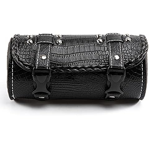 Universal Motorcycle Handlebar Bags with Quick Release PU Crocodile Leather Rolling Fork Bag Waterproof Tool Bag with 2 Fastening Straps Cover