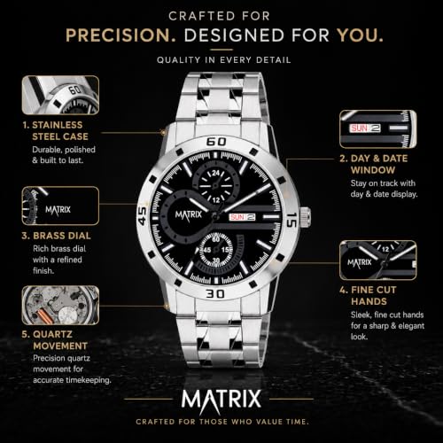 Image of Matrix Superior Analog Watch for Men | Black, Blue, Green & White Dial Stainless Steel Chain Strap Watch | Day & Date Display | Quartz Movement | Stylish Casual & Formal Wrist Watch for Boys & Men